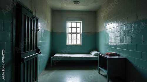 A simple prison cell featuring a single bed, a table with a book, and a window with bars, creating a stark and somber atmosphere, highlighting the loneliness of confinement.