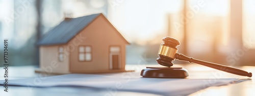 judge gavel and small house, working with documents, signing contract agreements signing contract agreements. Real estate law, divorce property, house foreclosure and bankruptcy concept.