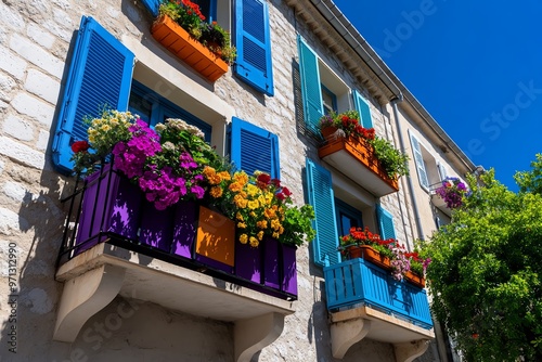 The colorful shutters and balconies of Arles' old town, with potted plants and laundry hanging out to dry