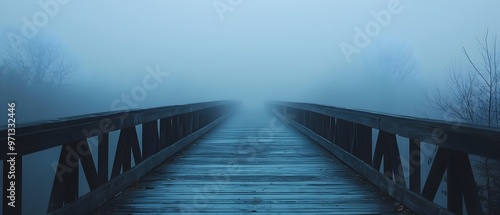 A fog covered bridge stretching out into the distance with no visible end in sight inviting the viewer to cross into the unknown and uncertain realm beyond