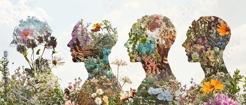 Collage of human figures blending with blooming plants and wildlife showcasing the interdependence between human health and environmental preservation