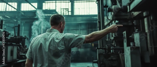 Manager pointing aggressively at worker in an industrial factory noisy machinery surrounding tension high dramatic expressions raw industrial atmosphere with intense lighting