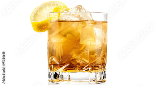 Whiskey sour in a rocks glass with a lemon twist and ice, isolated on a white background