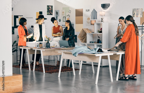 Teamwork, fashion designer or women in meeting for startup, trendy ideas or creative clothes. Staff, production stylist or people in design agency office for boutique, modern style or small business