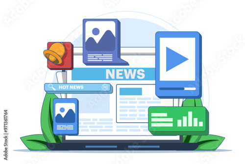 Online news application concept, Online news article, News webpage, Online mass media, Internet bulletin. Reading news online. Reading breaking news on webpage. Flat vector illustration.