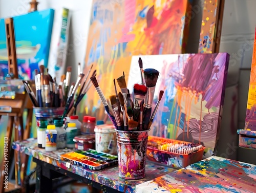 Vibrant and Expressive Studio Filled with Colorful Canvases and Creative Tools