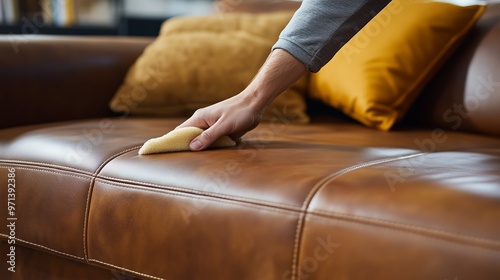 A person cleans a brown leather sofa in a cozy living room during the afternoon, ensuring its shine and longevity