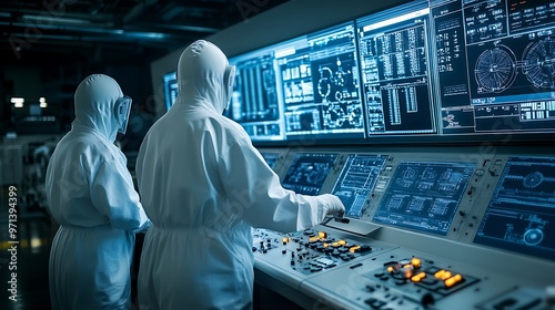 Engineers in safety suits inspecting the control room of a nuclear plant with digital screens and control panels monitoring the reactor