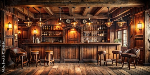 Rustic vintage western saloon interior with wooden bar, swinging doors, and cowboy decor