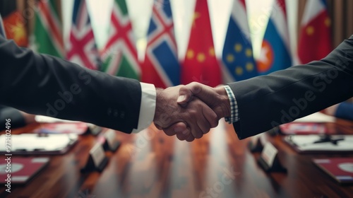 Two men shaking hands in front of a table with flags behind them