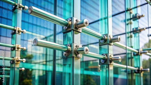 Glass curtain wall fasteners and spider glass system facade detail close up