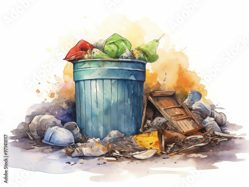 Overflowing Trash Can: A watercolor depiction of environmental negligence with overflowing garbage bin and waste scattered around. 