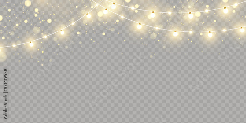 Christmas lights isolated on transparent background. Set of golden Christmas glowing garlands with sparks. For congratulations, invitations and advertising design. Vector