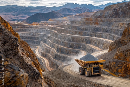 Mining operation extracting critical raw materials from a vast open pit in mountainous terrain during daylight hours