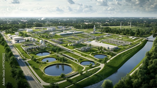 Panoramic view of a large industrial wastewater treatment plant, with multiple treatment stages and green spaces around the facility