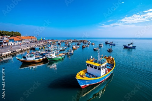 A bustling harbor at dawn, with fishermen preparing their boats, and the sea reflecting the soft, golden light of the rising sun