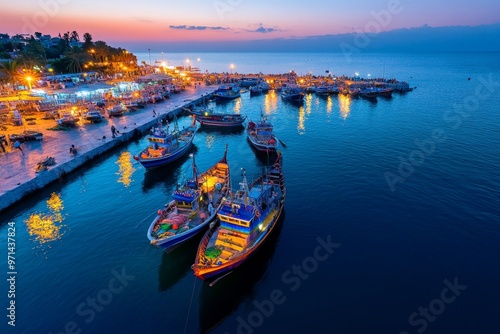 A bustling harbor at dawn, with fishermen preparing their boats, and the sea reflecting the soft, golden light of the rising sun