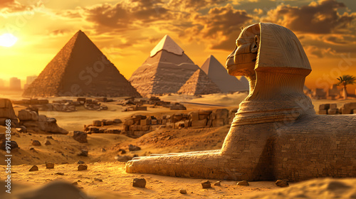 Fantasy view of egyptian sphinx with egyptian pyramids in background, cairo, egypt. 3d ancient egypt gods, illustration. Egyptian Pyramids. Illustration