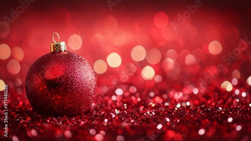 lose-up of red Christmas ornaments on a pine branch with glittery bokeh lights in a warm festive luxury background.