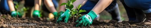 Community volunteers planting young trees in a sunny park during spring