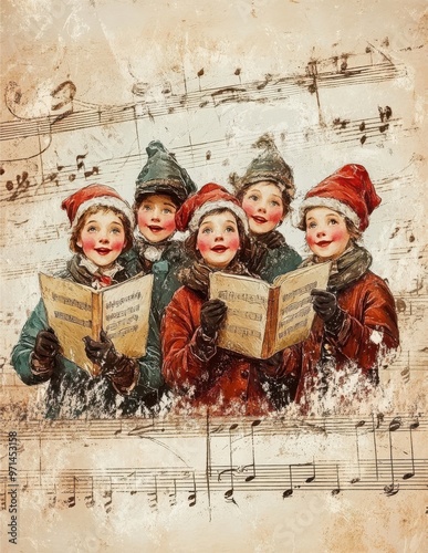 Group of children singing Christmas carols with sheet music, vintage holiday scene. 