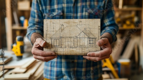 Construction worker's hands holding a blueprint of a house with building materials and tools visible in the background