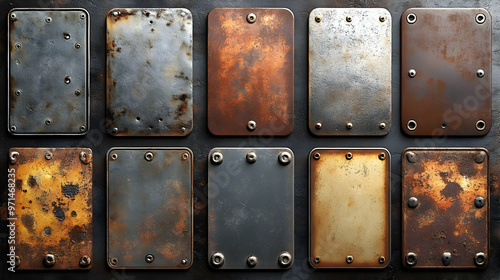 A collection of metallic plates with various textures and colors, showcasing wear and rust.