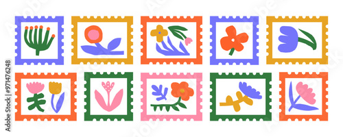 Colorful floral post card stamp sticker set. Vintage style flower cartoon illustration collection. Old mail postage element bundle, spring season nature postmark label with flowers.