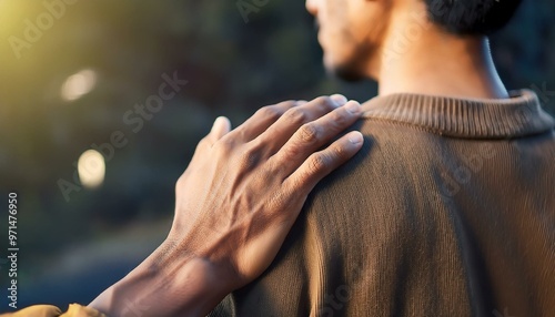 A supportive gesture between friends, showcasing compassion and empathy in a serene outdoor setting.