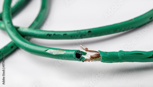 Close-up of damaged green electrical extension cord wiring