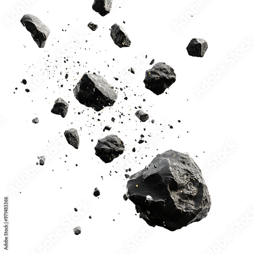 Realistic Flying Rocks, Fragmented Rocks Against White, Floating Rock Debris, Rocks Scattered On White Background, Dynamic Rock Elements