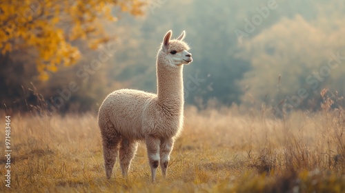 Alpaca in a Field with Autumn Background