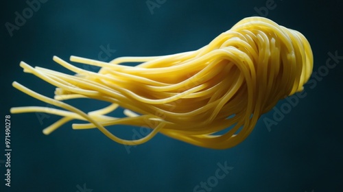 A cluster of spaghetti strands suspended in mid-air against a blue background.