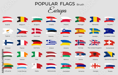 40 brush flags of European countries. European flags with brush paint textured. Grunge flat icons.