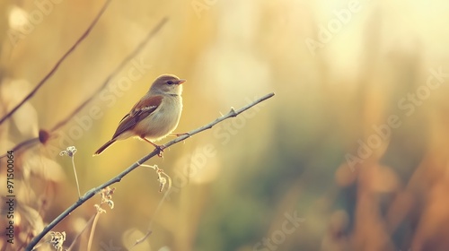 A small songbird perched on a branch, bathed in the golden light of the setting sun.