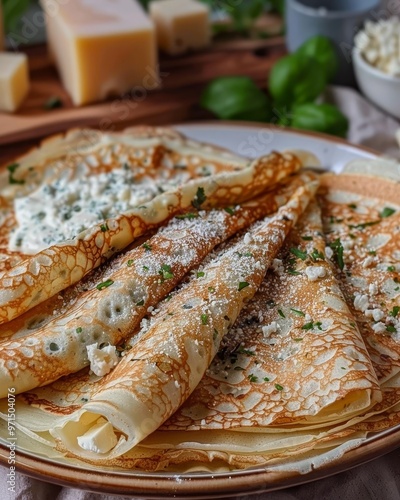 Delicious savory pancakes topped with grated Parmesan and fresh basil in a cozy kitchen setting