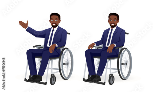 Handsome business African American man in blue suit sitting in wheelchair showing something. Isolated vector illustration set