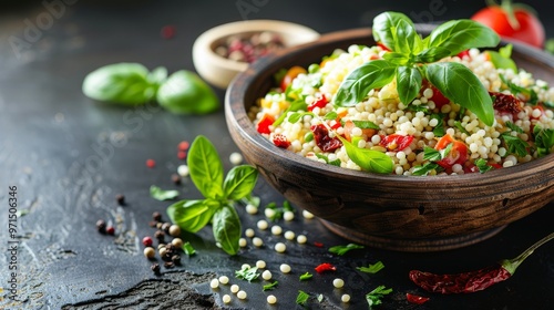 Elegant pearl couscous salad with sun dried tomatoes and fresh herbs in a stylish bowl