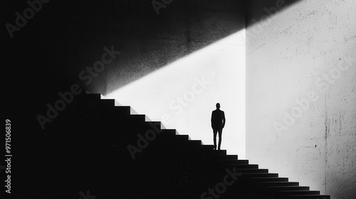 A figure climbing a staircase that gradually fades into an empty abyss, the feeling of losing direction and energy