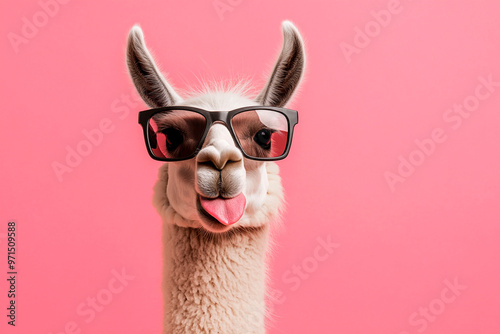 Llama wearing black glasses and sticking out its tongue against a bright pink background