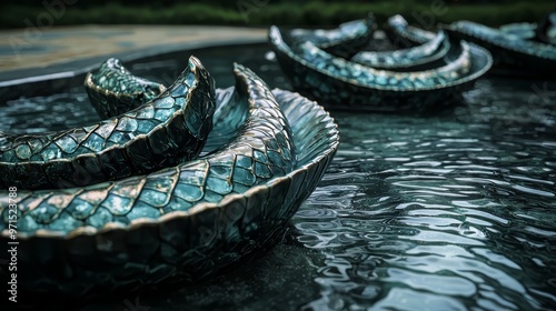  A collection of bowls atop a body of water, adjacent to a verdant grassy expanse in a park