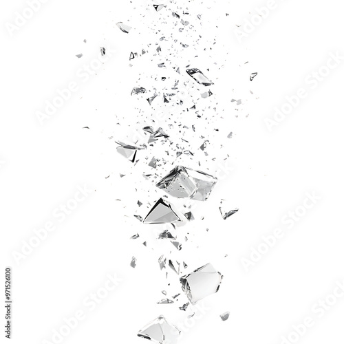 Crystal Glass Shards Falling, Broken Glass Pieces, Fragmented Transparent Glass, Sharp Clear Glass Debris, Shattering Effect