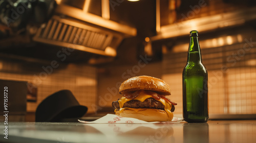 Classic cheeseburger with bacon and a bottle of beer in a cozy diner setting