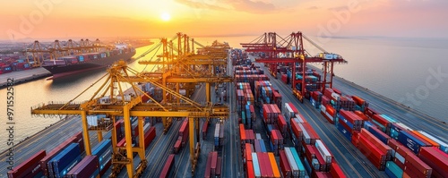 Aerial view of a busy container port at sunset, showcasing vibrant shipping containers and cranes in a tranquil harbor setting.