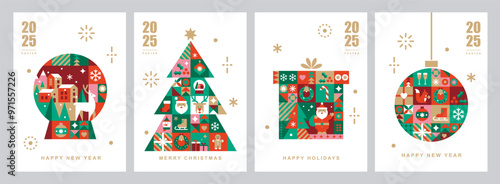 Christmas card templates. Winter icons in abstract modern geometric flat style. Snow globe, Christmas tree and Christmas box. Bauhaus design. Happy holidays. Seasons greetings.Vector illustration set.