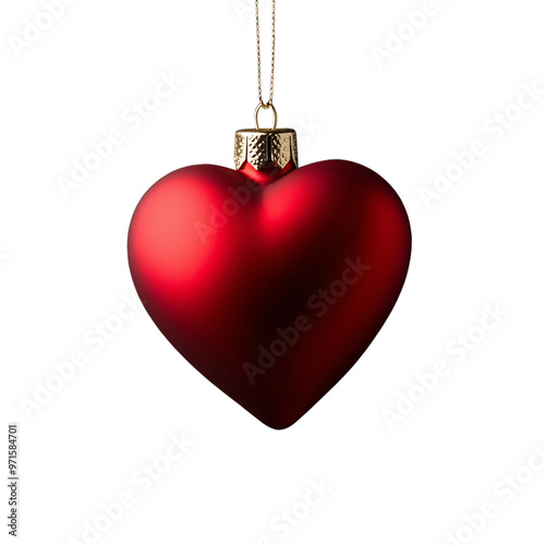 Red heart-shaped Christmas ornament with hanging loop isolated on transparent background