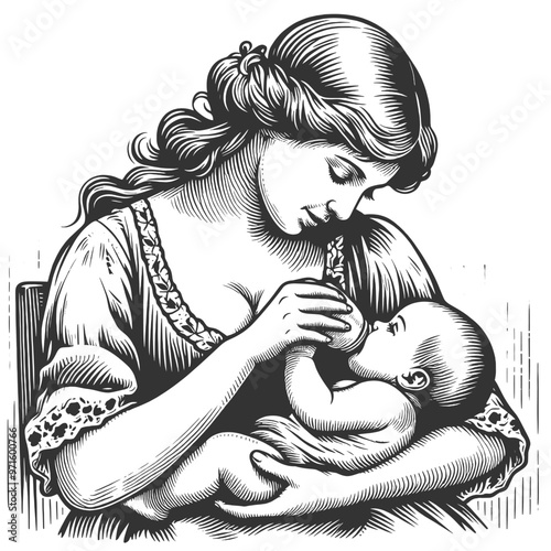 mother lovingly feeding her baby from a bottle, pastoral scene sketch engraving generative ai fictional character vector illustration. Scratch board imitation. Black and white image