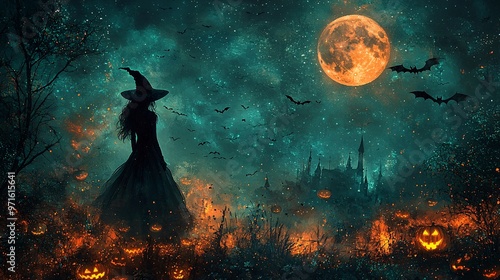 A spooky Halloween night sky filled with flying witches, glowing bats, and a giant harvest moon.