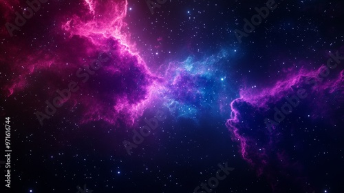 An abstract portrayal of space with a swirling nebula in hues of pink and blue, evoking concepts of cosmic energy, celestial beauty, the vastness of the universe, and the mysteries of the cosmos.