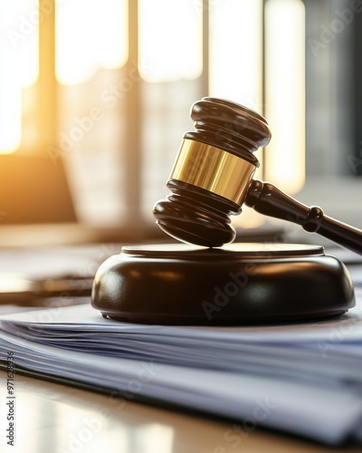 gavel resting on legal documents, symbolizing justice and law in a courtroom setting.